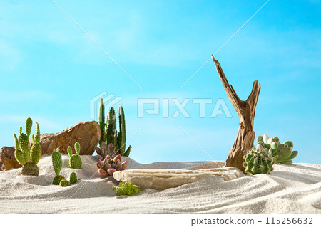 Sky background photo in summer desert scene with yellow sunshine and yellow sand. The large rock platform displayed in center with blank surface for product presentation, next to a dry tree and cactus 115256632