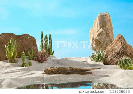 Desert style photo with sand side and a clear lake, in the middle is a rotten log, in back as many types of cacti growing next to large rocks. Unique photo with front angle and space for text Desert style photo with sand side and a clear lake, in the middle is a rotten log, in back as many types of cacti growing next to large rocks. Unique photo with front angle and space for text 115256633