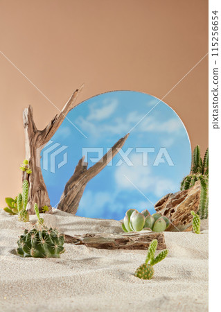 Several cactus, dry tree branches and rocks scattered on sand in front of the mirror has the blue sky reflect. Blank space for product presentation, frontal shot photo Several cactus, dry tree branches and rocks scattered on sand in front of the mirror has the blue sky reflect. Blank space for product presentation, frontal shot photo 115256654