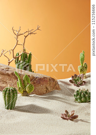 Unique template for promotion with summer desert layout, light yellow sand, yellow sunshine, desert cactus against the orange texture. Vacant space in center for displaying product, front angle Unique template for promotion with summer desert layout, light yellow sand, yellow sunshine, desert cactus against the orange texture. Vacant space in center for displaying product, front angle 115256666