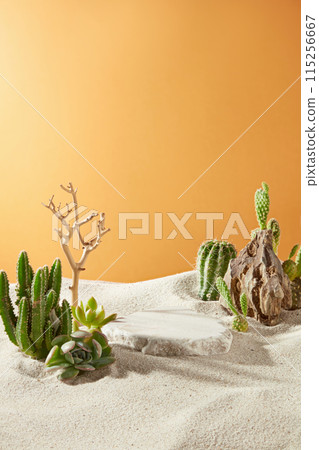 Photo of front angle shot on orange background, the blank podium featured on sand side for product placement, a dry tree and a bush of cacti in front, a rock decorated in back. Copy space for text Photo of front angle shot on orange background, the blank podium featured on sand side for product placement, a dry tree and a bush of cacti in front, a rock decorated in back. Copy space for text 115256667