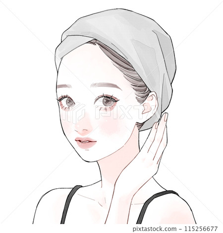 A woman with a towel around her head 115256677