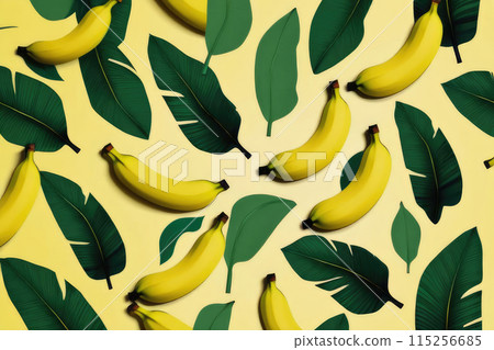 Juicy ripe flying banana and green leaves isolated on yellow background. 115256685