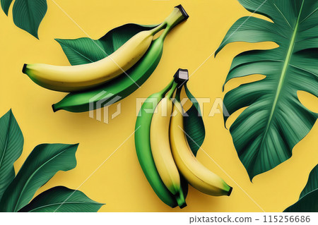 Juicy ripe flying banana and green leaves isolated on yellow background. 115256686