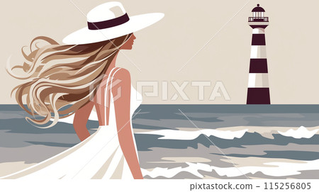 一個女人看著大海和燈塔 一個女人看著大海和燈塔 115256805