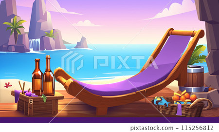 Deck chairs on the deck of a seaside villa with the sea and evening sky 115256812
