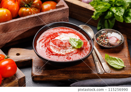 Refreshing homemade tomato gazpacho soup 115256990