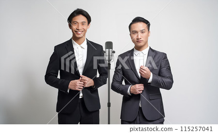 A Japanese male comedian duo performing on stage 115257041