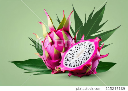 Juicy ripe flying dragon fruit, pitaya and green leaves isolated on green background. 115257189