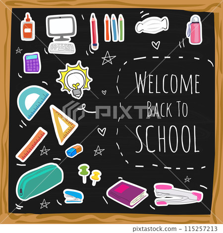 Back to school on blackboard background. Vector illustration. Back to school on blackboard background. Vector illustration. 115257213