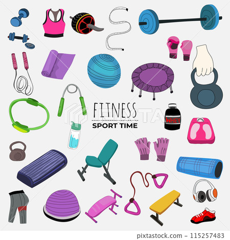 Fitness equipment icons set in flat style, Healthy lifestyle concept. Vector illustration. Fitness equipment icons set in flat style, Healthy lifestyle concept. Vector illustration. 115257483