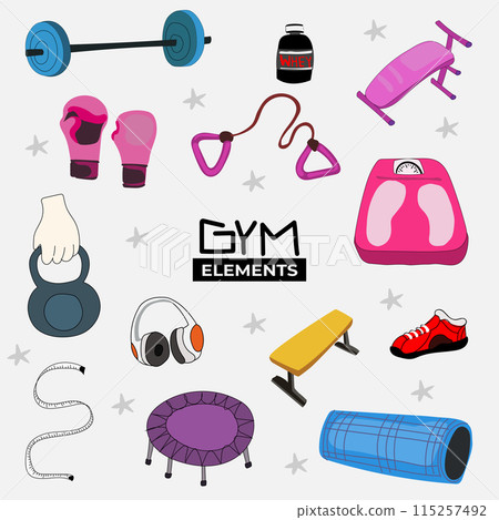 Fitness equipment icons set in flat style, Healthy lifestyle concept. Vector illustration. Fitness equipment icons set in flat style, Healthy lifestyle concept. Vector illustration. 115257492