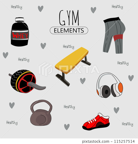 Fitness equipment icons set in flat style, Healthy lifestyle concept. Vector illustration. Fitness equipment icons set in flat style, Healthy lifestyle concept. Vector illustration. 115257514