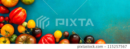 Tomatoes on an emerald green background Tomatoes on an emerald green background 115257567
