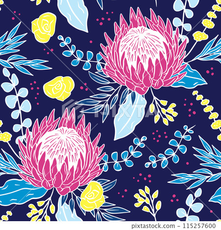 Seamless pattern with protea flowers on blue background 115257600