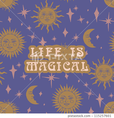 Mystical quote Life is Magical on pattern of celestial sun and moon background 115257601