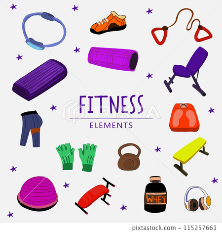 Fitness equipment icons set in flat style, Healthy lifestyle concept. Vector illustration. 115257661