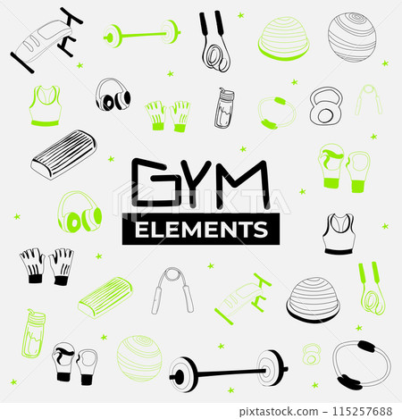 Fitness equipment icons set in flat style, Healthy lifestyle concept. Vector illustration. Fitness equipment icons set in flat style, Healthy lifestyle concept. Vector illustration. 115257688