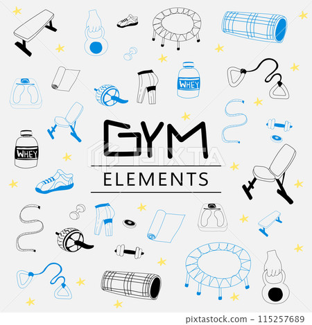 Fitness equipment icons set in flat style, Healthy lifestyle concept. Vector illustration. 115257689