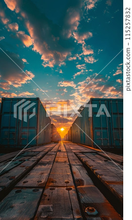 Row of colored cargo containers on both sides at sunset, cargo transportation 115257832