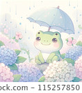 A cute frog is surrounded by hydrangeas and holding an umbrella 115257850