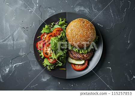 AI-generated item. Burger and fresh vegetables on grey background.	 115257853