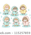 Children playing in a puddle wearing raincoats 115257859
