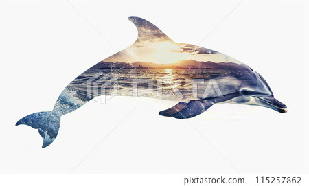 AI-generated item. Double exposure of dolphin and sea landscape. AI-generated item. Double exposure of dolphin and sea landscape. 115257862