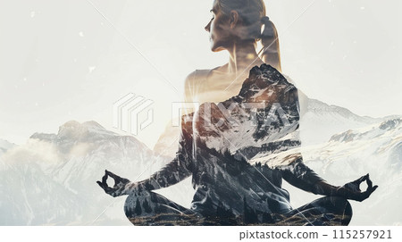 AI-generated item. Double exposure of woman meditating in lotus pose and mountains landscape. AI-generated item. Double exposure of woman meditating in lotus pose and mountains landscape. 115257921