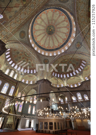 Walls, stained glass and ceiling of the Blue Mosque in Istanbul Walls, stained glass and ceiling of the Blue Mosque in Istanbul 115257926