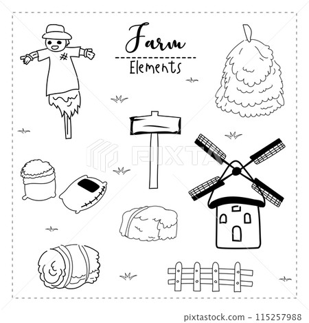 Hand drawn doodle set of farm elements. Vector illustration. Hand drawn doodle set of farm elements. Vector illustration. 115257988