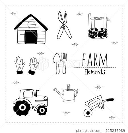 Hand drawn doodle set of farm elements. Vector illustration. Hand drawn doodle set of farm elements. Vector illustration. 115257989