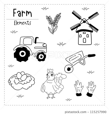 Hand drawn doodle set of farm elements. Vector illustration. Hand drawn doodle set of farm elements. Vector illustration. 115257990