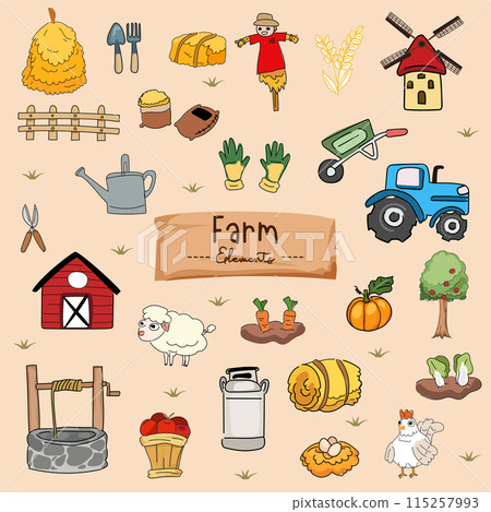 Hand drawn doodle set of farm elements. Vector illustration. Hand drawn doodle set of farm elements. Vector illustration. 115257993