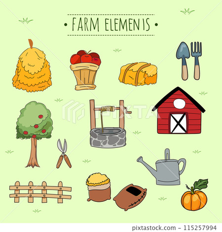 Hand drawn doodle set of farm elements. Vector illustration. 115257994