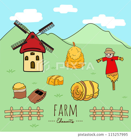 Hand drawn doodle set of farm elements. Vector illustration. Hand drawn doodle set of farm elements. Vector illustration. 115257995