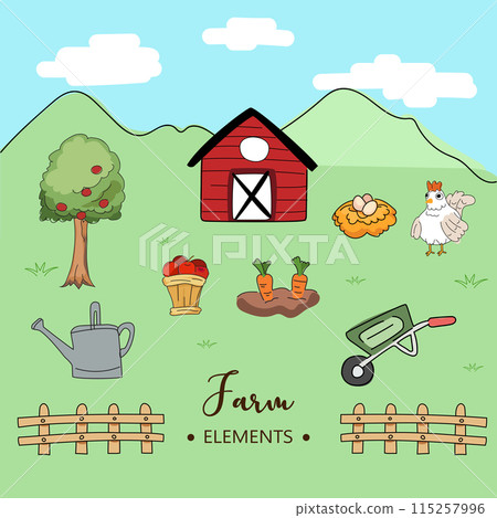 Hand drawn doodle set of farm elements. Vector illustration. Hand drawn doodle set of farm elements. Vector illustration. 115257996