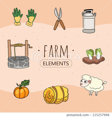 Hand drawn doodle set of farm elements. Vector illustration. 115257998