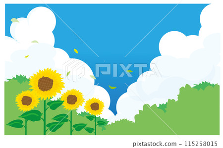 Background illustration of a cumulonimbus cloud and sunflowers in the summer sky Background illustration of a cumulonimbus cloud and sunflowers in the summer sky 115258015