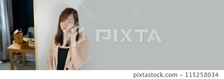 contactless concept online seller woman use phone application support her business from home with white isolated background contactless concept online seller woman use phone application support her business from home with white isolated background 115258034