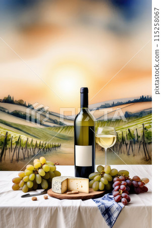 Still life with of white wine, grapes and cheese on wooden table, countryside relaxation. 115258067