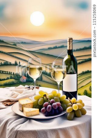 Still life with of white wine, grapes and cheese on wooden table, countryside relaxation. 115258069