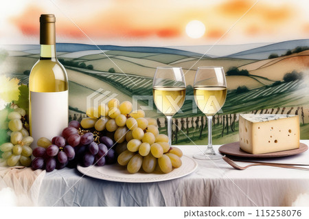 White wine, grapes and cheese on wooden table in vineyard, countryside relaxation. 115258076