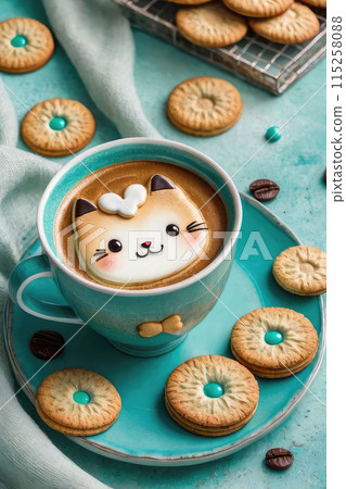 Composition with cookies and cup of coffe on turquoise background watercolor style. 115258088