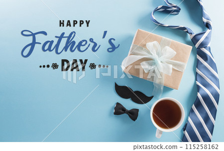 Happy Fathers Day background concept with gift box, decorated bow tie, necktie and mustache on bright pastel background. 115258162