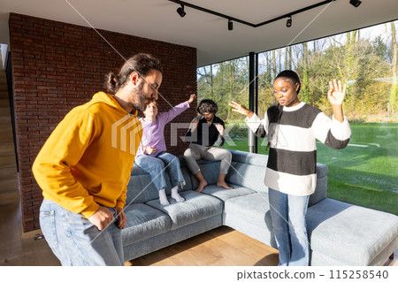 Host a family dance party in a modern living room with large windows for movement and bonding Host a family dance party in a modern living room with large windows for movement and bonding 115258540