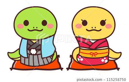 Cute snake characters wearing kimonos, male and female, illustration material 115258750