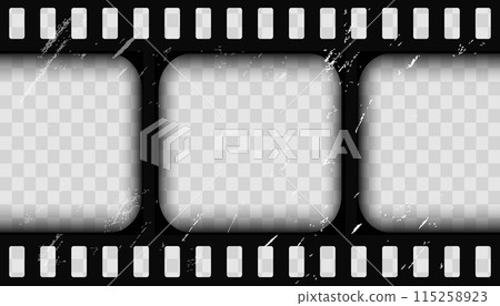 Old cinematic frame, video film strip. Retro vintage tape empty template with slide. Tape border, grunge textured silhuette. Video photo reel on transparent background  115258923