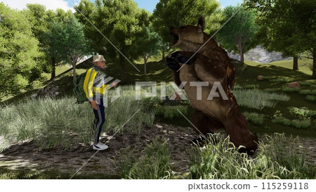 Mountain climbing, being attacked by a bear, bear standing, illustration CG 115259118