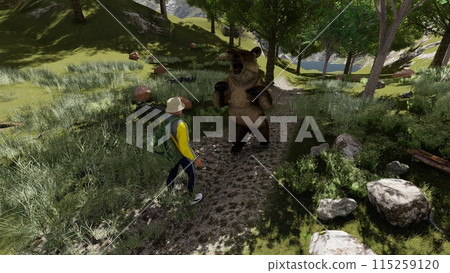 Mountain climbing, being attacked by a bear, bear standing, illustration CG 115259120